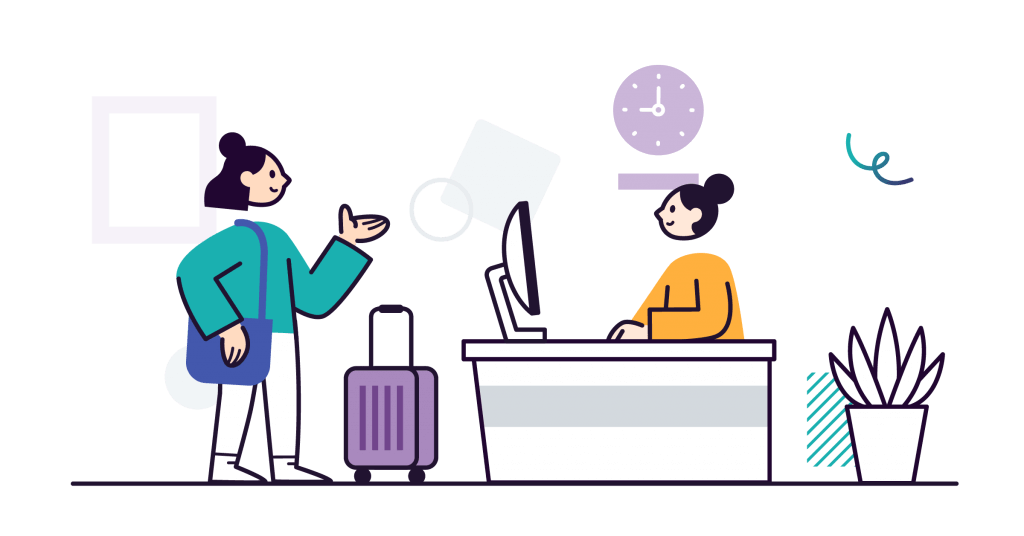 ilustración mujer en recepción hotel