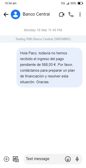 ejemplo sms banco