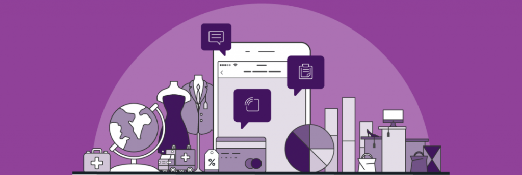 Ilustración de un teléfono rodeado de distintos elementos que puedes comprar en una tienda