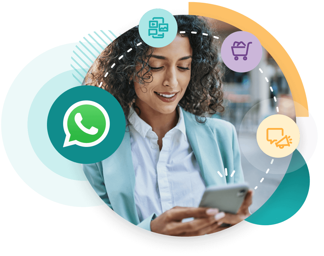 mujer mirando el móvil con logo de whatsapp